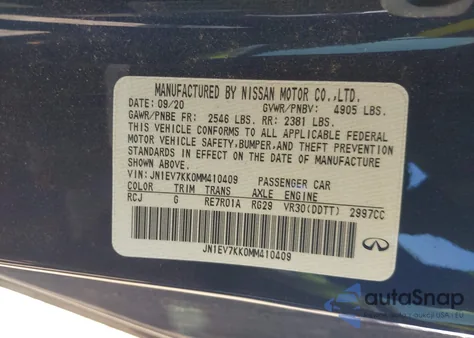 2021 Infiniti Q60 Luxe from USA, damaged, VIN JN1EV7KK0MM410409